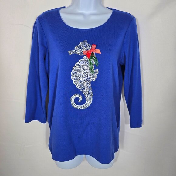 Womens Top Sz M Blue Sequin Sea Horse Holiday Coastal 3/4 Sleeve Bow Casual - Picture 3 of 9